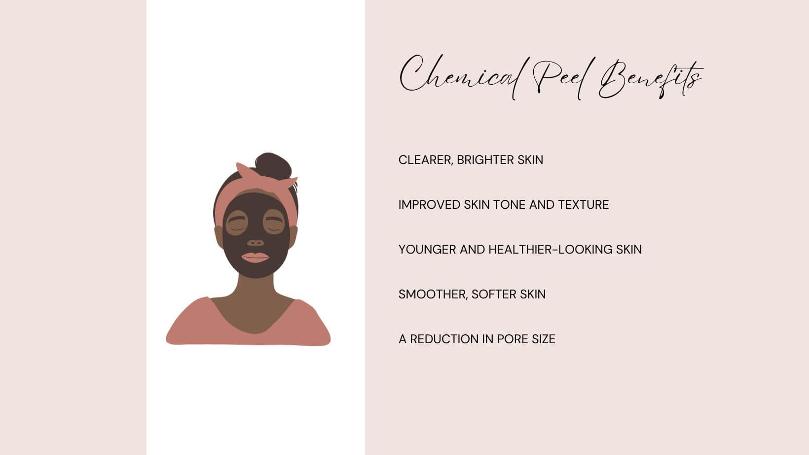 graphic of benefits of having a chemical peel at Blossom Cosmetics in York. Clearer, brighter skin improved skin tone and texture younger and healthier looking skin smoother softer skin a reduction in pore size 